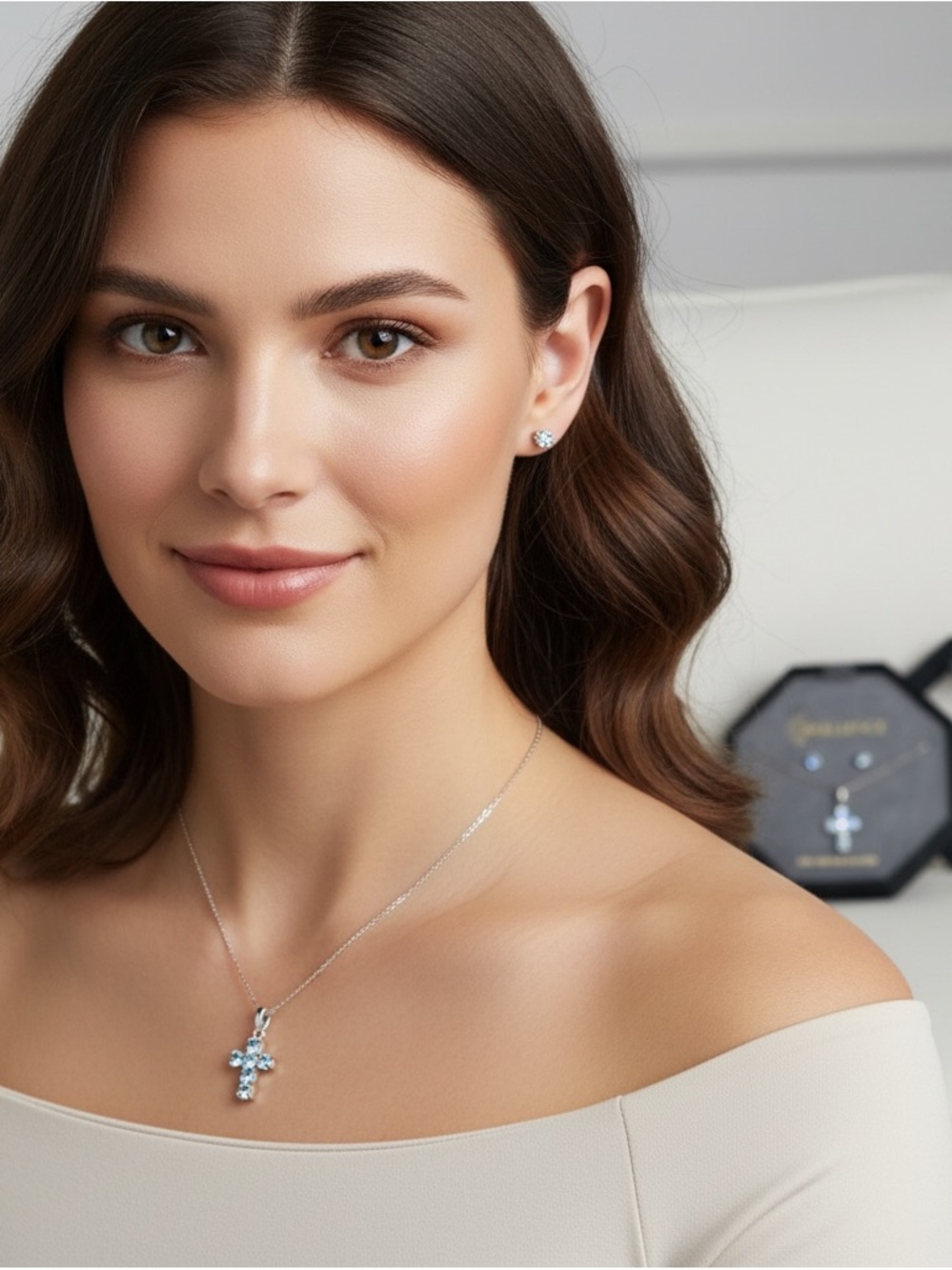 NIB Brilliance Blue Topaz Cross Pendant & Stud Earring Set (MRSP $50)
